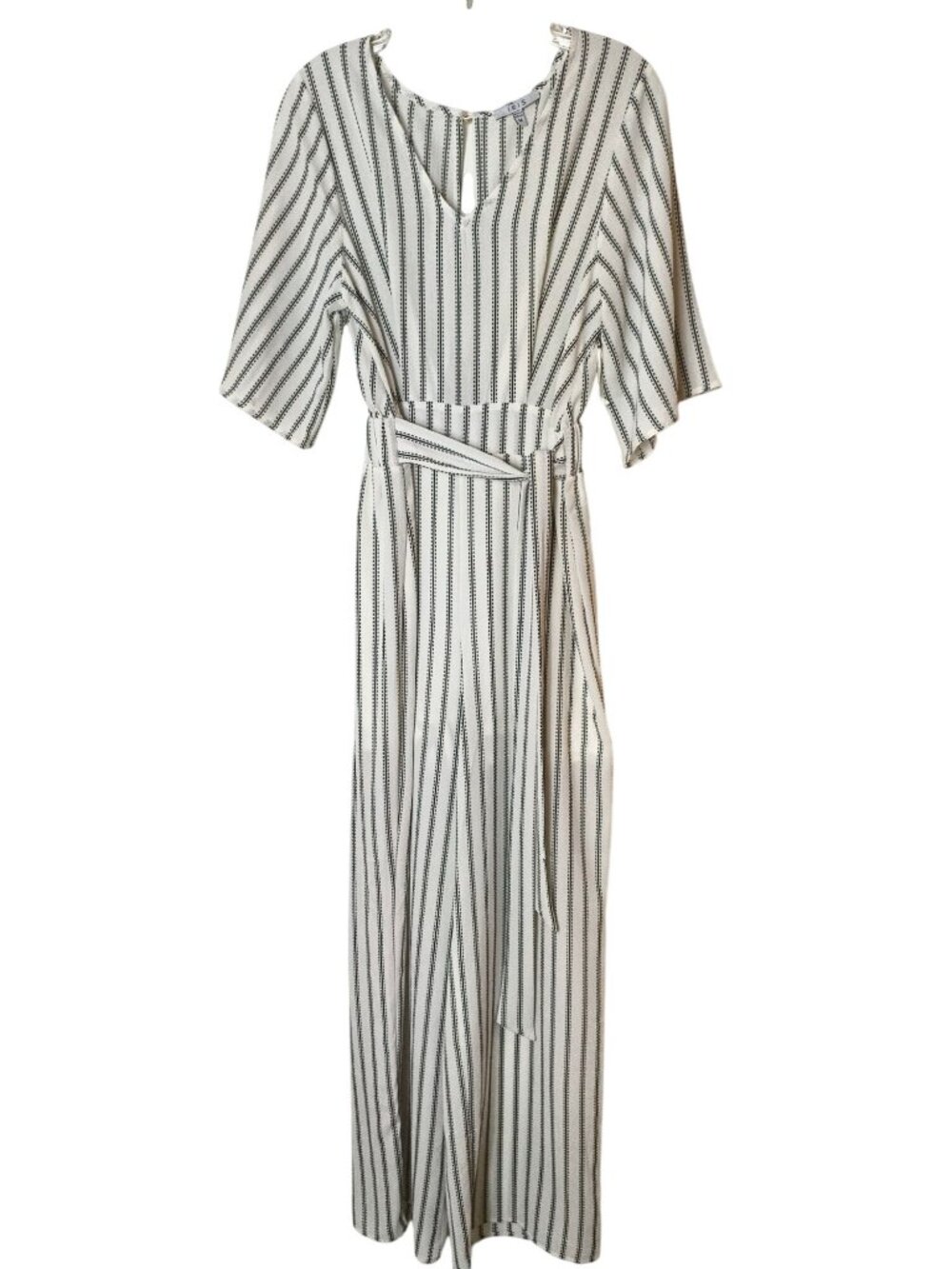 Iris Womens M Striped Wide Leg Jumpsuit Chic White Black Tie Waist Short Slvs